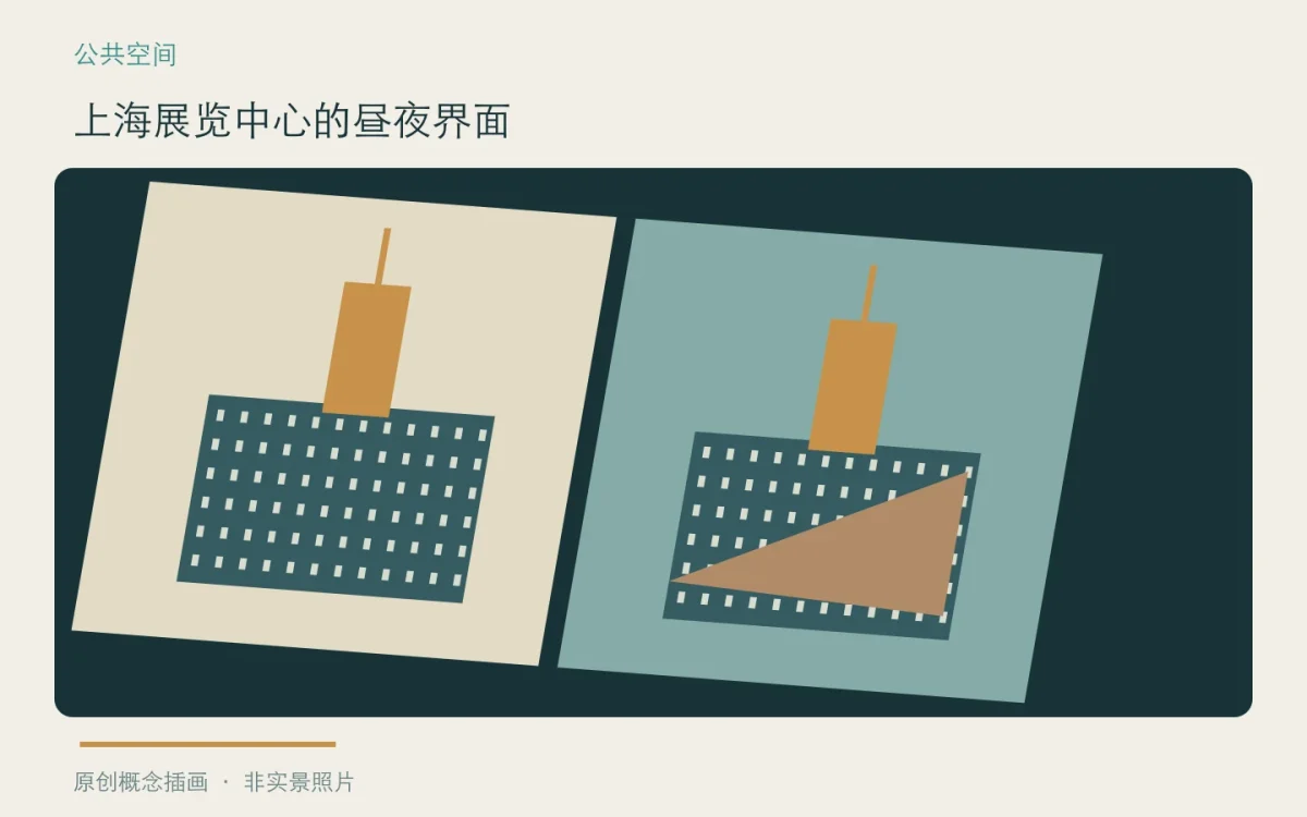 上海展览中心的昼夜界面:主题概念插画