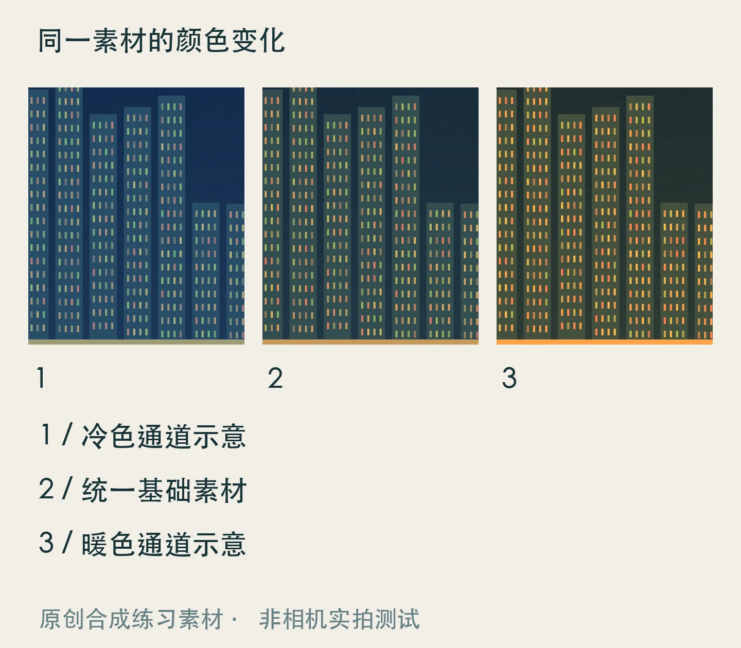 上海夜景白平衡怎么调:偏冷、参考中性、偏暖关系示意